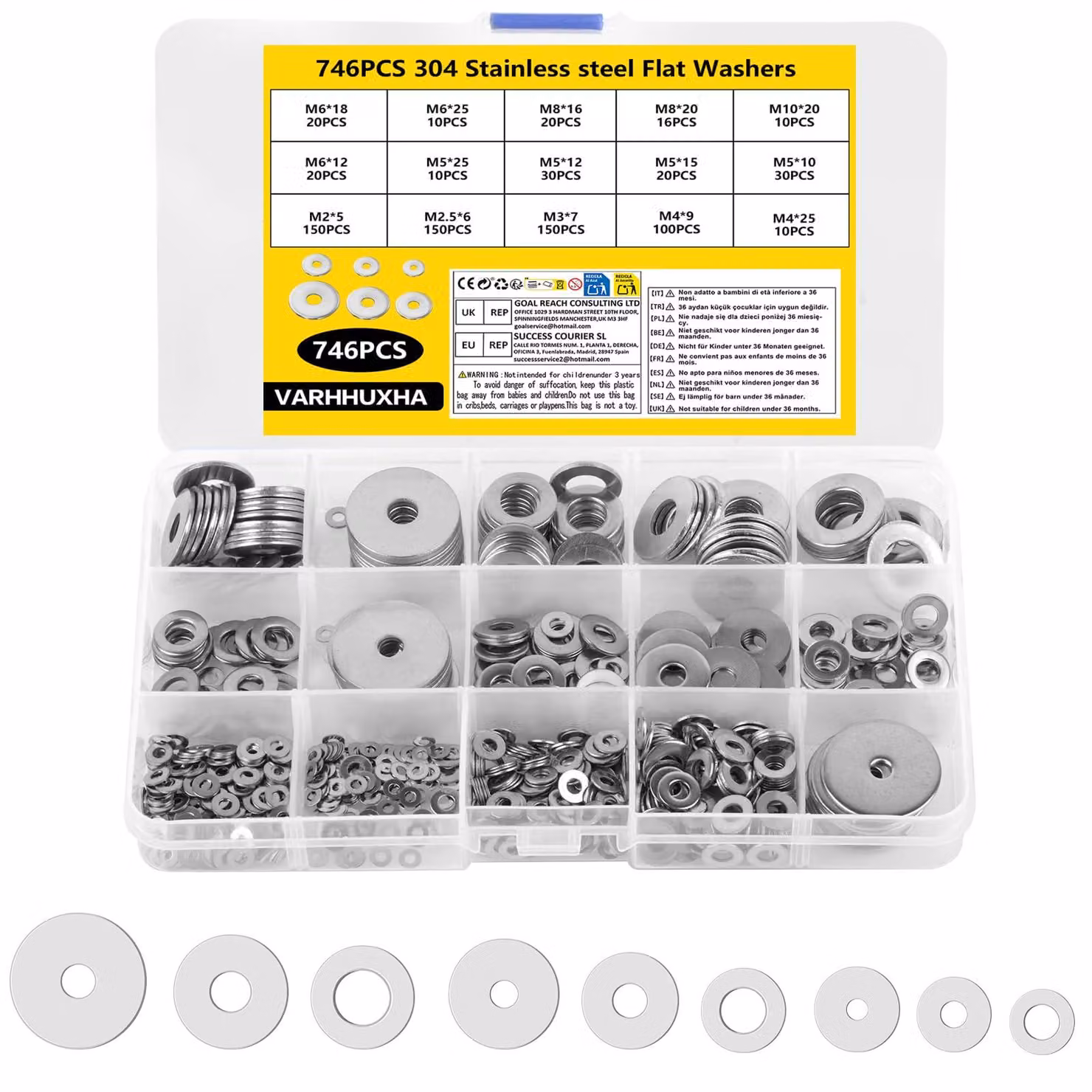 Rondelle, 746 pezzi, da M2 a M10, assortimento in acciaio inossidabile