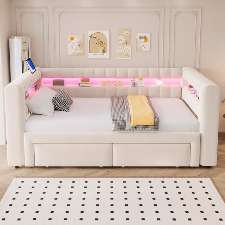 Letto imbottito okwish 90/180x190 con letto a scomparsa e 2 cassetti, divano letto con USB e porta Type-C, luci LED, letto per bambini color beige, senza materasso
