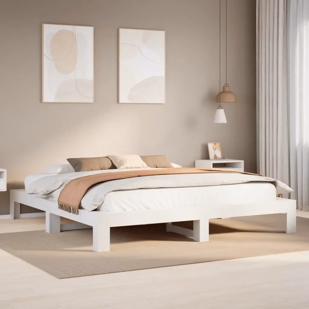 Letto matrimoniale in legno massello di pino bianco con giroletto e doghe, L/P: 200 x 200 cm – 2