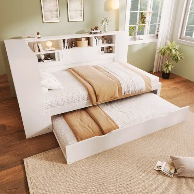Divano letto multifunzione 90x200 cm con letto estraibile 90x190 cm; LED; presa e USB; truciolare e MDF; naturale e bianco