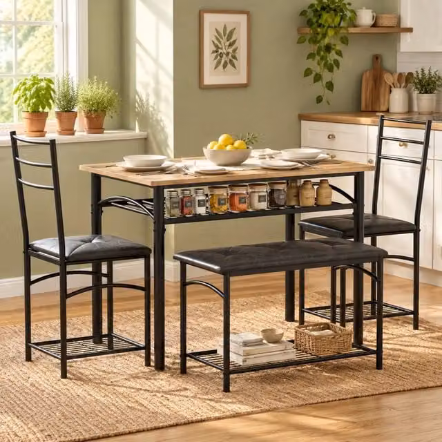 Set da pranzo industriale 4 posti con tavolo in legno e struttura metallica, 2 sedie e panca imbottite in pelle PU marrone