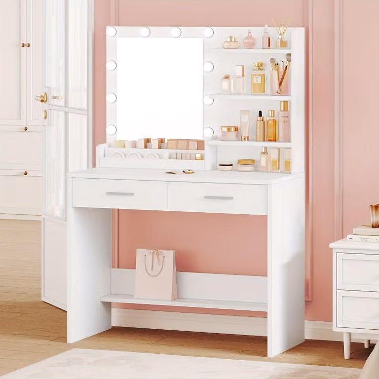 Comò da trucco - Tavolino da trucco - Specchio da trucco - Comò - Illuminazione a LED - 90 cm, bianco