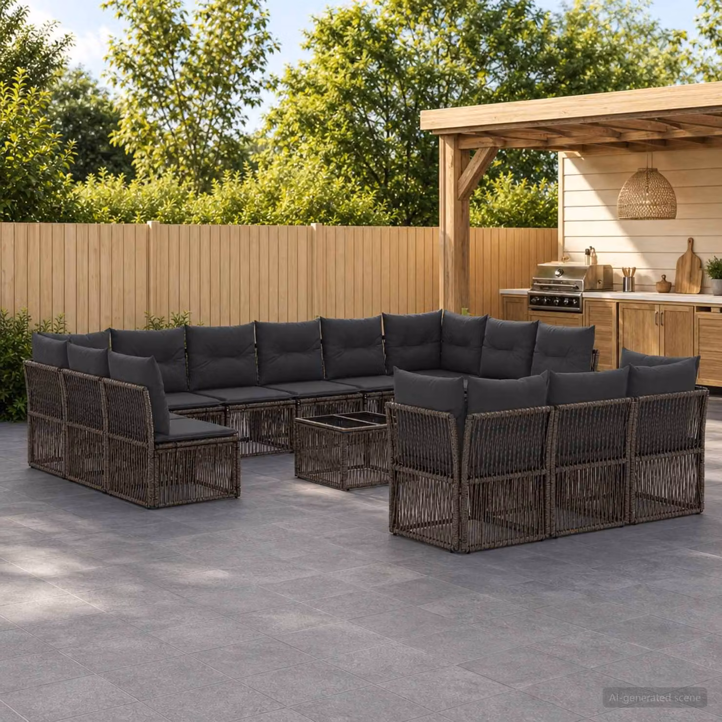 Set Divano da Giardino vidaXL 14 pz a forma di U in Polyrattan Grigio con Cuscini e Tavolino da Caffè