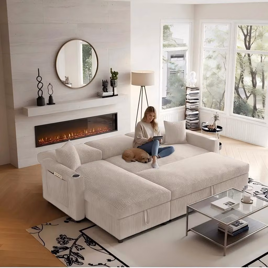 Divano letto modulare MIVRAY a L in velluto a coste beige con vano contenitore, ricarica USB e Type-C, portabicchieri e tavolino – 2