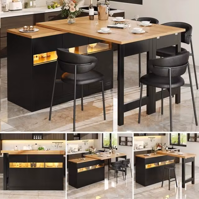 Tavolo da bar estraibile con illuminazione LED, rotazione 360°, regolabile 120-180 cm, moderno tavolo isola cucina con spazio di archiviazione per soggiorno, sala da pranzo, ufficio domestico