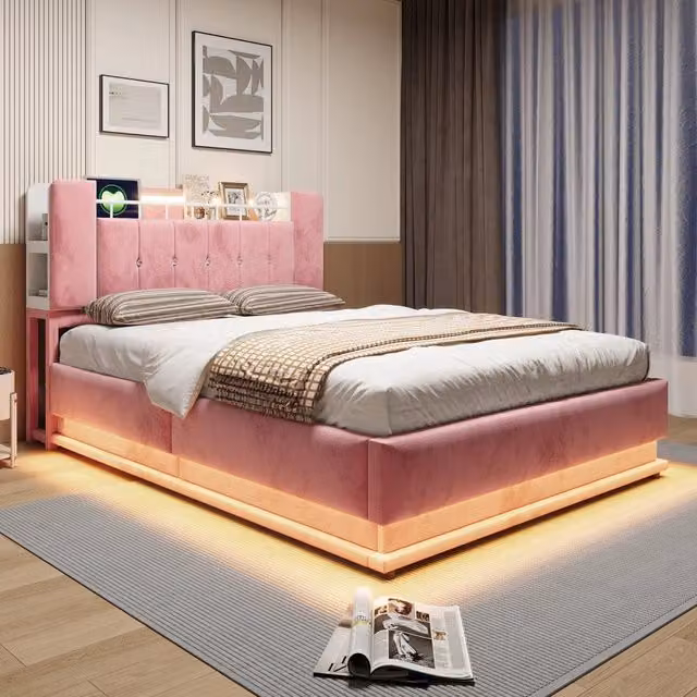 Letto contenitore 140 x 200 cm con contenitore idraulico, LED e USB, letto matrimoniale imbottito in velluto rosa con vano integrato nella testiera