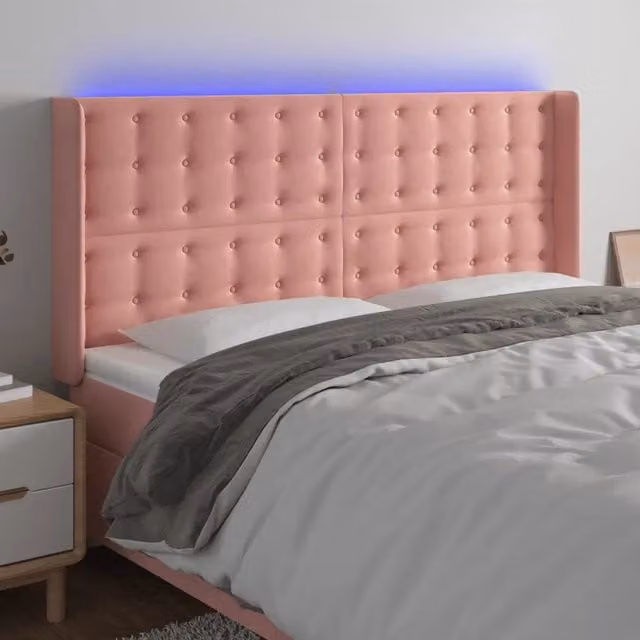 Testiera con LED Design Mania in Velluto Rosa con Porte di Ricarica USB L: 183 cm, P: 16 cm, H: 118/128 cm