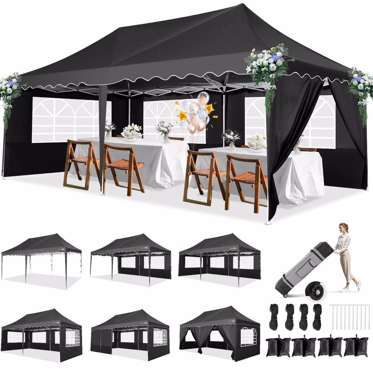 Tenda da festa impermeabile 3x6 metri, stabile, con protezione UV 50+, dotata di 6 pareti laterali, colore nero