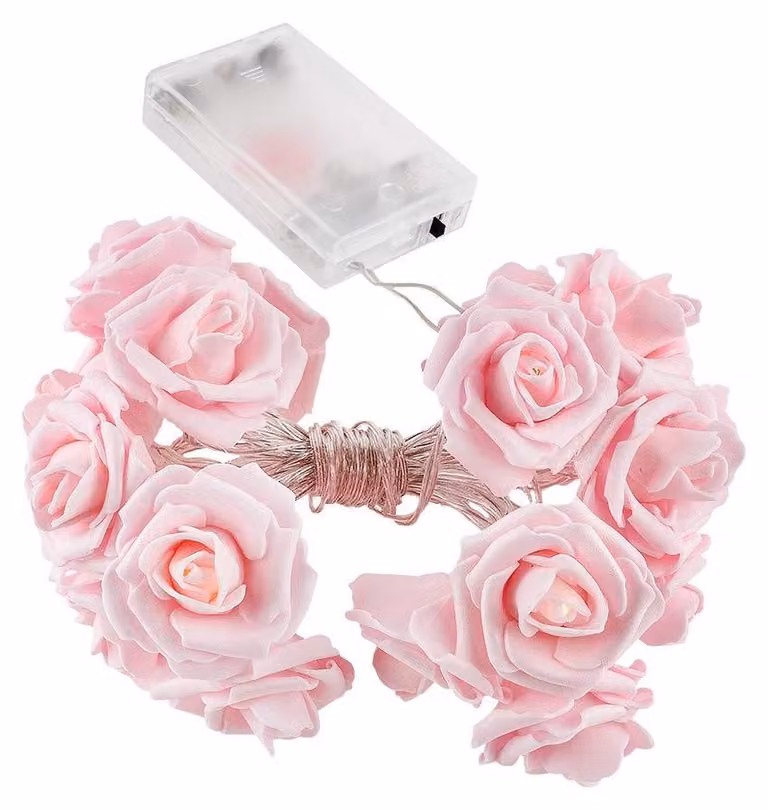 Catena luminosa a LED con 20 rose, luce bianco caldo, alimentata a batteria, lunghezza 3 metri