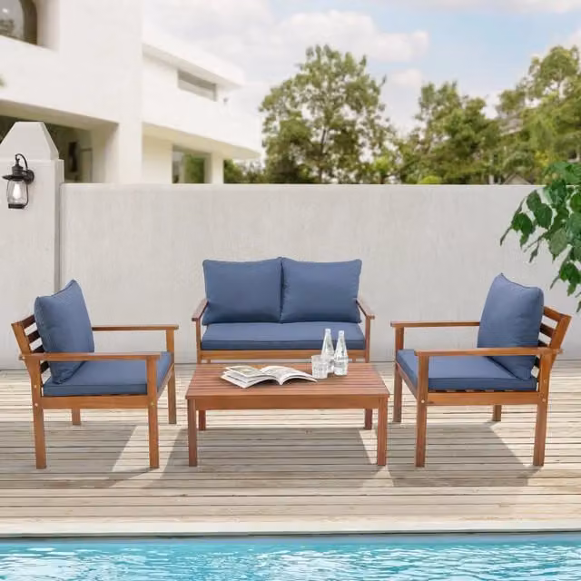Set Salottino da Giardino en.casa in Legno di Acacia con Divano a 2 Posti, Poltrone e Tavolino, Grigio con Cuscini Inclusi