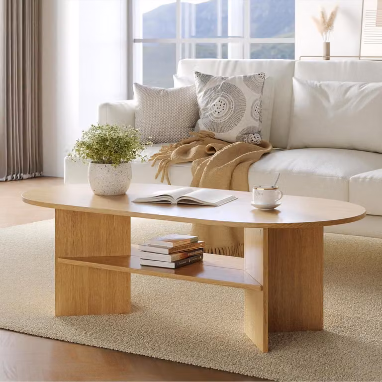 Tavolino da caffè, tavolino ausiliario, forma ovale, legno naturale, rovere, dimensioni 120 x 60 x 40 cm, a due piani