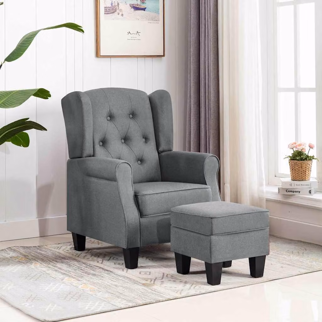 vidaXL Poltrona Lounge con Poggiapiedi Grigio Chiaro in Tessuto e Struttura in Legno Massiccio – 1