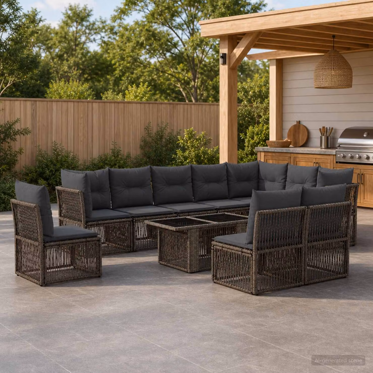 Set Divano da Giardino vidaXL 11 pz Grigio in Polyrattan con Cuscini e Tavolino da Esterno a Forma di U