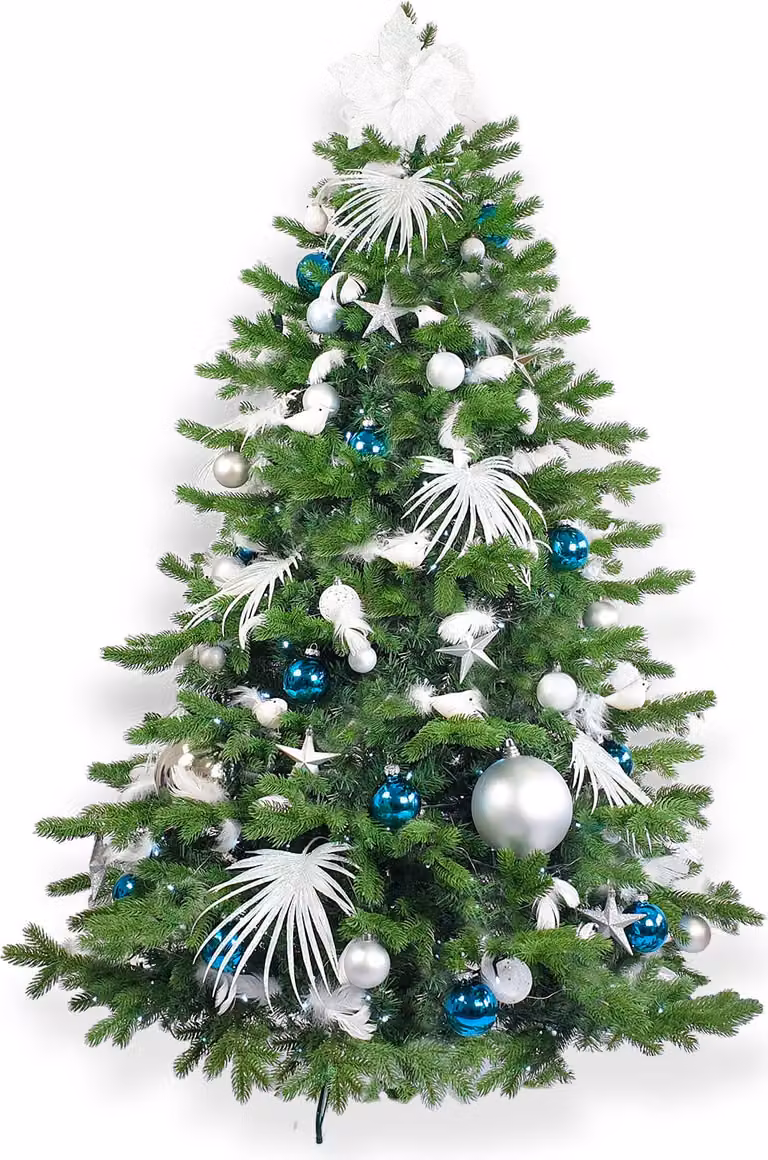 Albero di Natale artificiale decorato con 215 ornamenti BLU POLARE II 360 cm con supporto e ornamenti natalizi