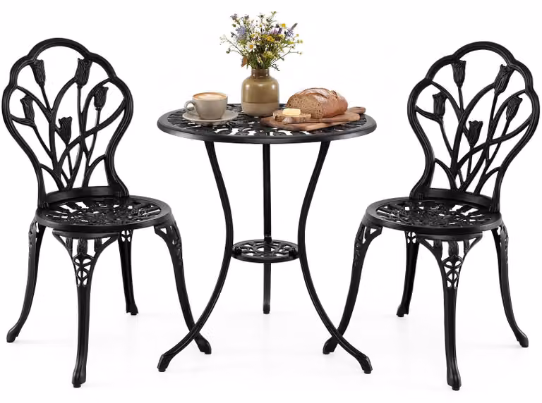 Set da esterno KOMFOTTEU, composto da 3 pezzi: tavolo e due sedie da giardino resistenti alle intemperie, realizzati in alluminio pressofuso, con foro per ombrellone e schienali sagomati. Arredamento da esterno per giardino, balcone e terrazza