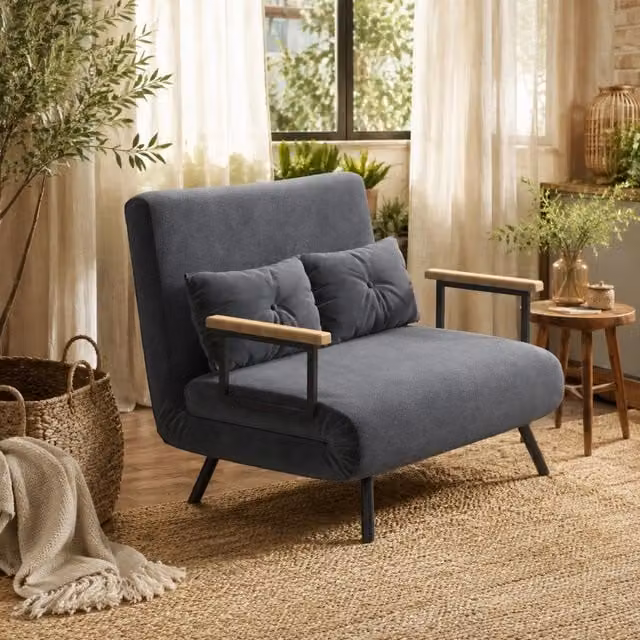 Poltrona letto reclinabile Mivray in velluto grigio con 2 cuscini e struttura in acciaio, L: 81 cm, P: 102 cm, H: 73 cm – 1