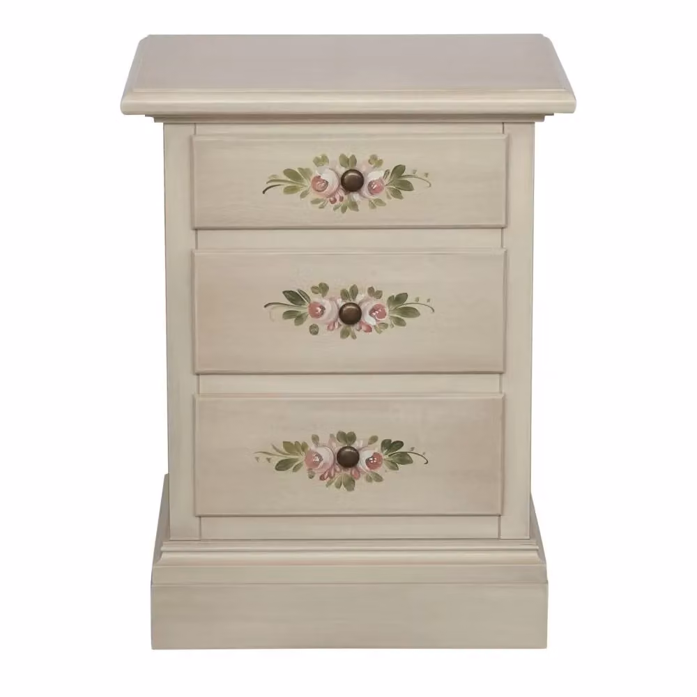 Comodino Mobili 2G in legno di pino stile shabby chic bianco anticato con 3 cassetti e decori floreali L: 50 cm, P: 38 cm, H: 65 cm – 1