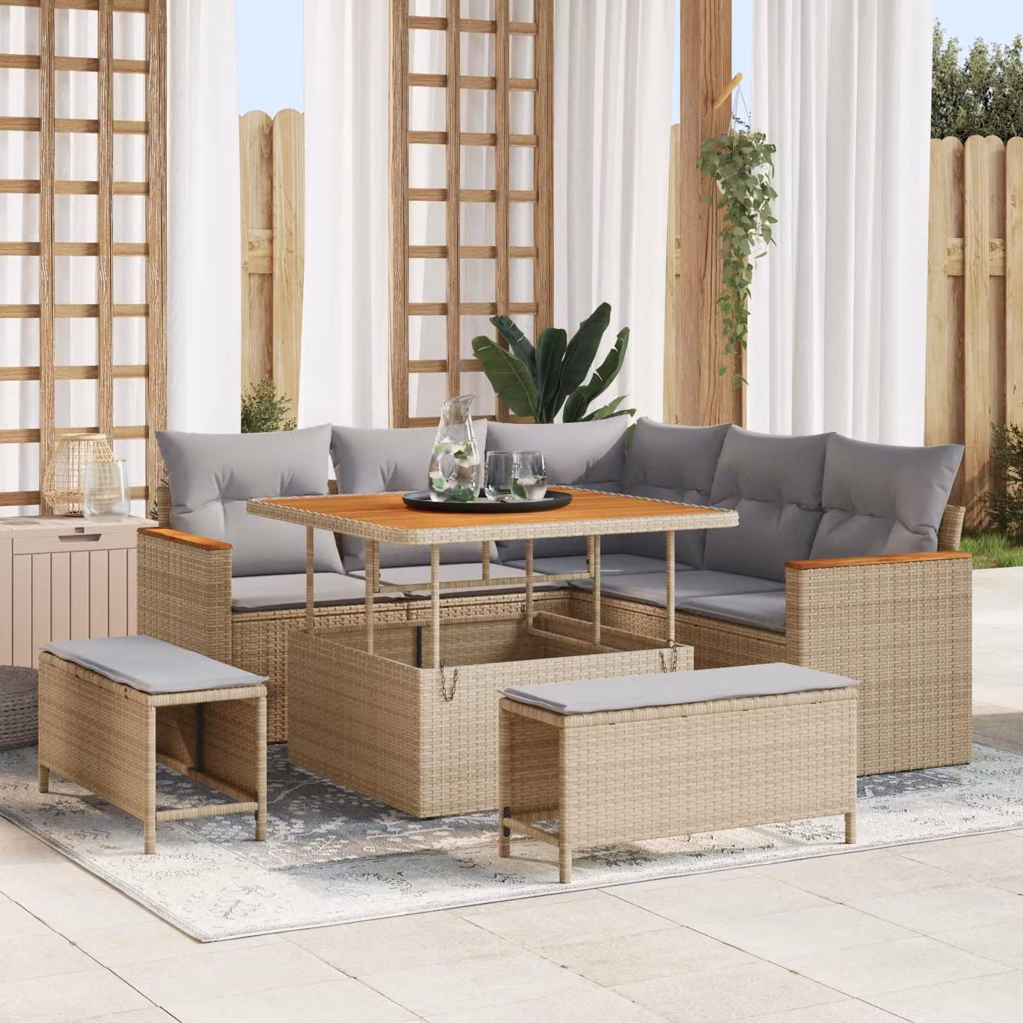 Set Divano da Giardino vidaXL 8 Pezzi in Polyrattan Beige con Cuscini e Tavolino da Esterno – 1