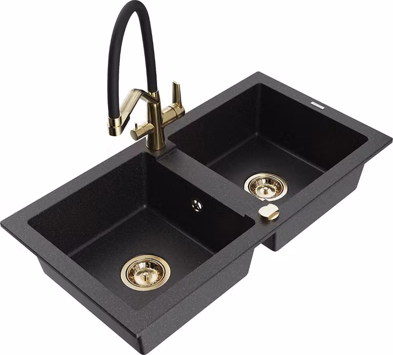 Mexen Mario lavello in granito a 2 vasche con miscelatore cucina Duo, nero/metallo argento - 6504-73-671701-57-G