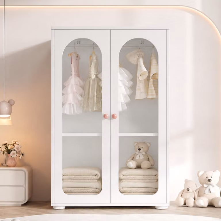 Armadio a due ante, modello angolare, con ante in acrilico, cabina armadio con barra appendiabiti e ripiani regolabili in altezza, dimensioni 80x50x120 cm, colore bianco