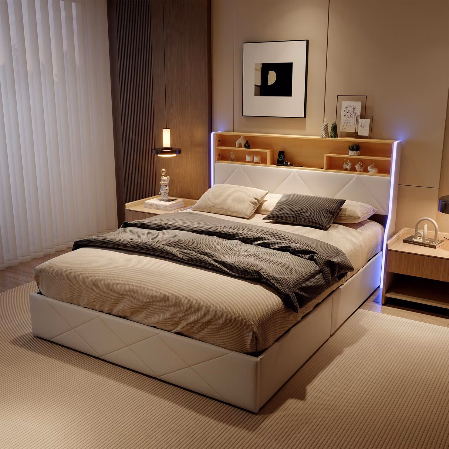 Letto imbottito UnboxG 160x200cm con funzione di ricarica (USB&Typ-c), letto giovanile letto matrimoniale letto contenitore con LED, letto a molle idrauliche, PU, bianco