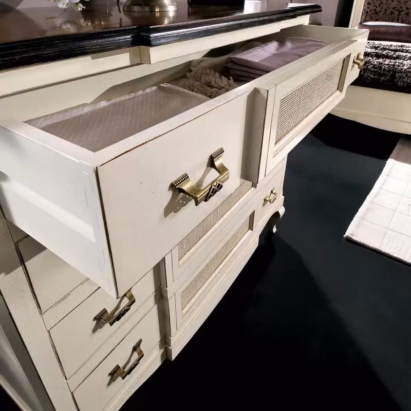 Cassettiera shabby chic in legno e rattan bicolore bianco e marrone Mobili 2G L: 124 cm, P: 55 cm, H: 105 cm – 3