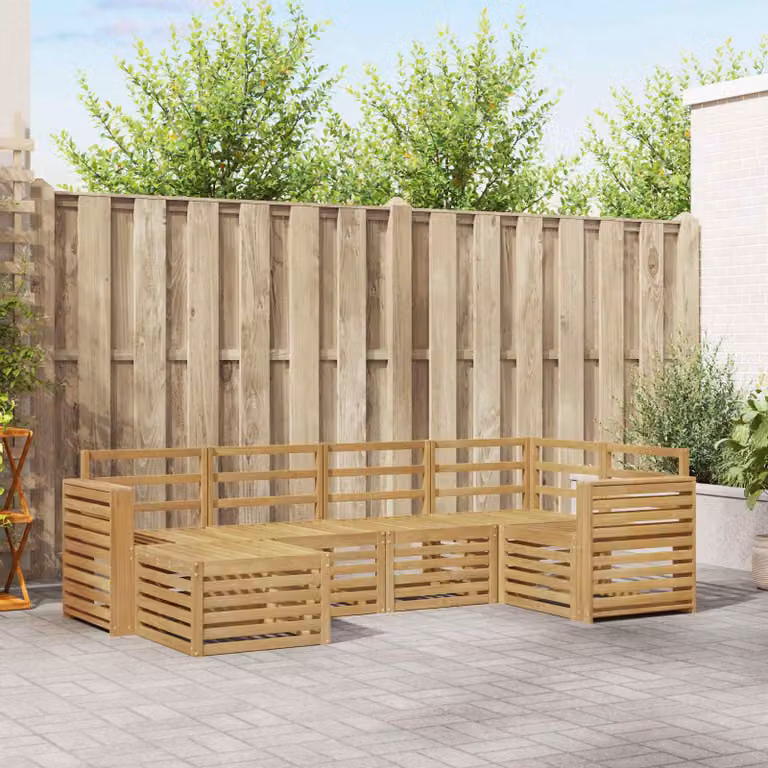 Set di divani da esterno vidaXL a forma di L composto da 6 pezzi in legno di acacia e poliestere bianco e marrone con cuscini inclusi