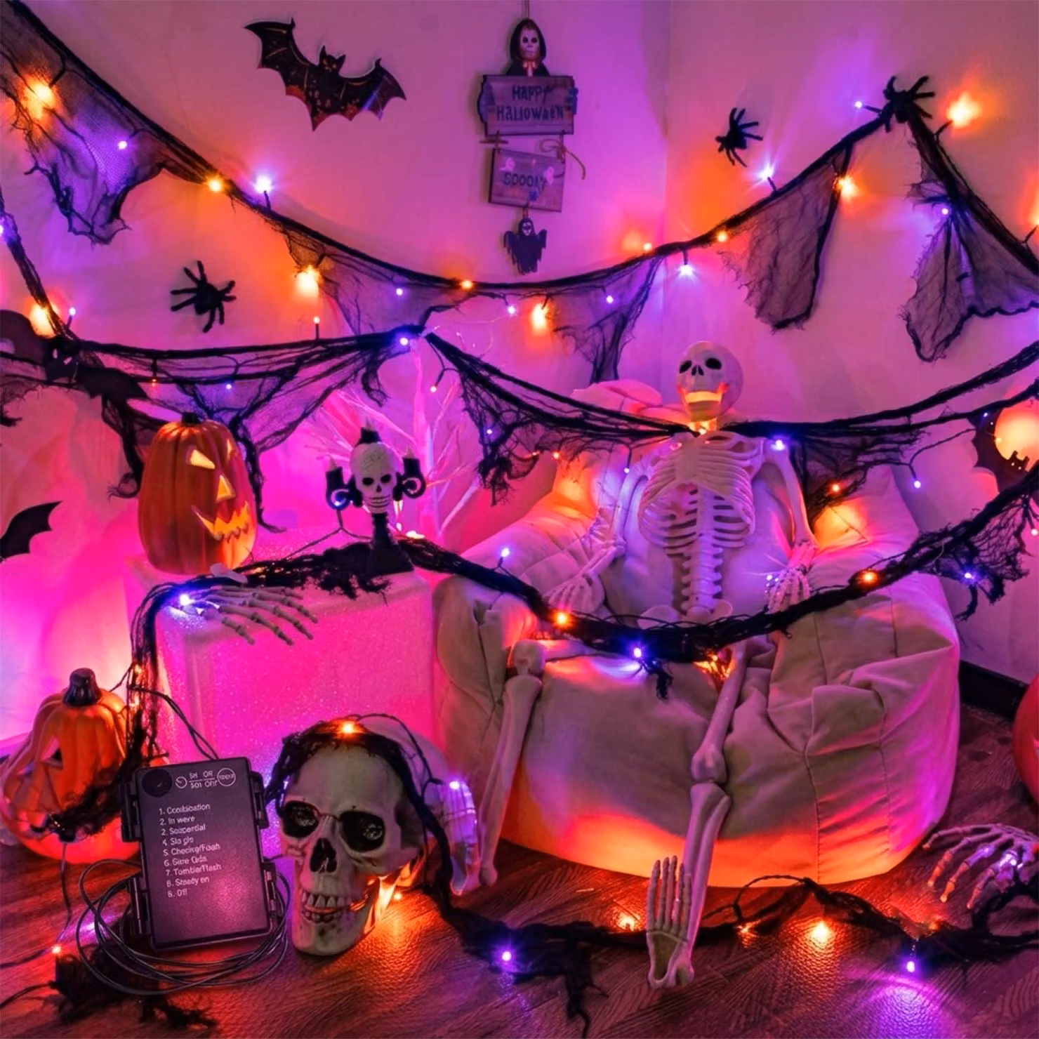 Catena luminosa a tema Halloween, lunghezza 3 metri, 30 LED, colore arancione/viola, con alimentazione a rete