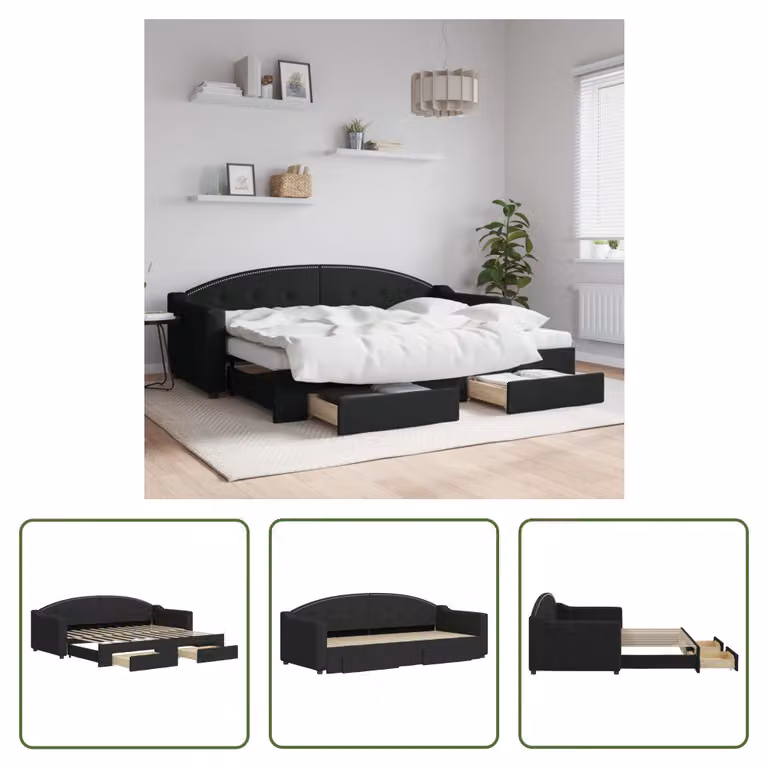 The Living Store Lettino allungabile con cassetti nero 80x200 cm in tessuto
