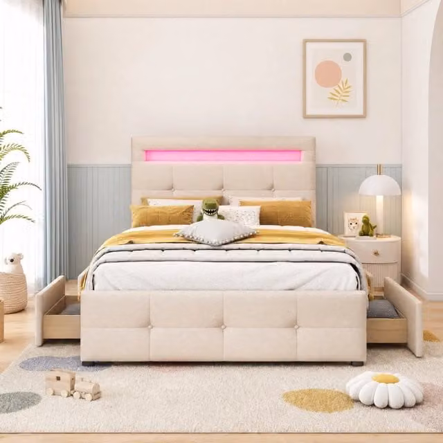Letto imbottito matrimoniale 90x200 cm con LED e 2 cassetti; beige