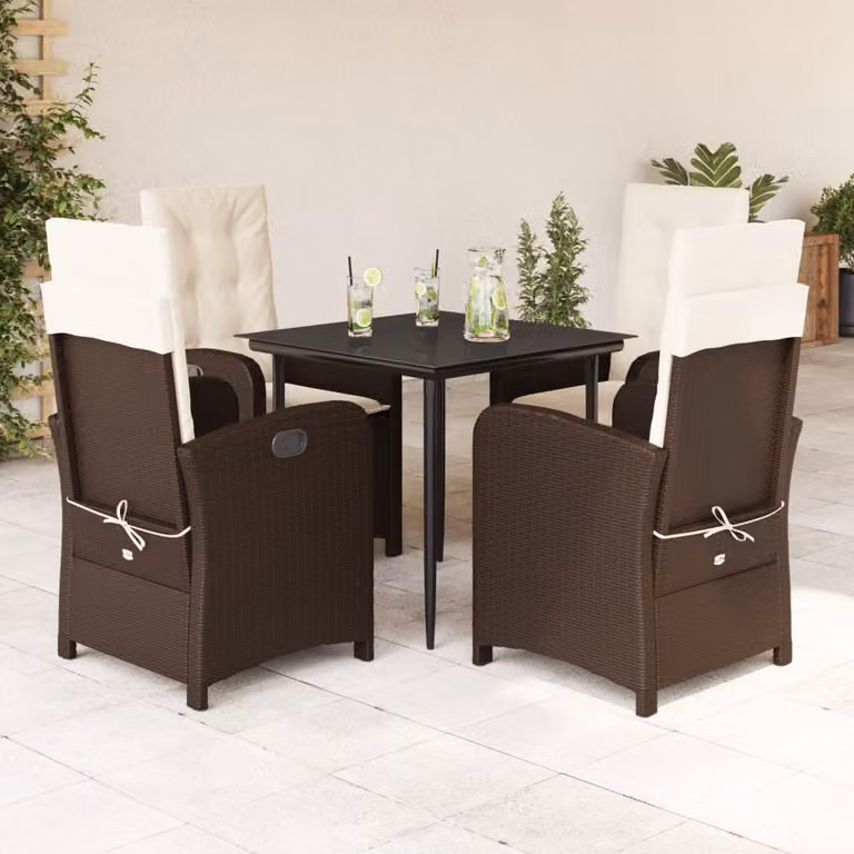 Set da Pranzo da Giardino vidaXL in Polyrattan Marrone con Cuscini e Tavolo in Vetro