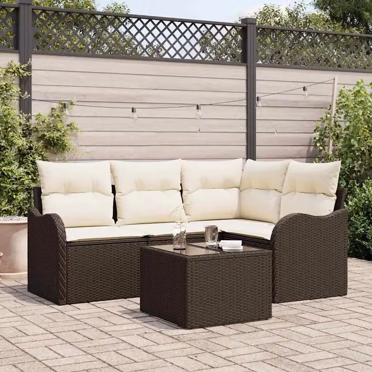 Set Divano da Giardino a L vidaXL Marrone con Tavolino e Cuscini in Polyrattan e Metallo