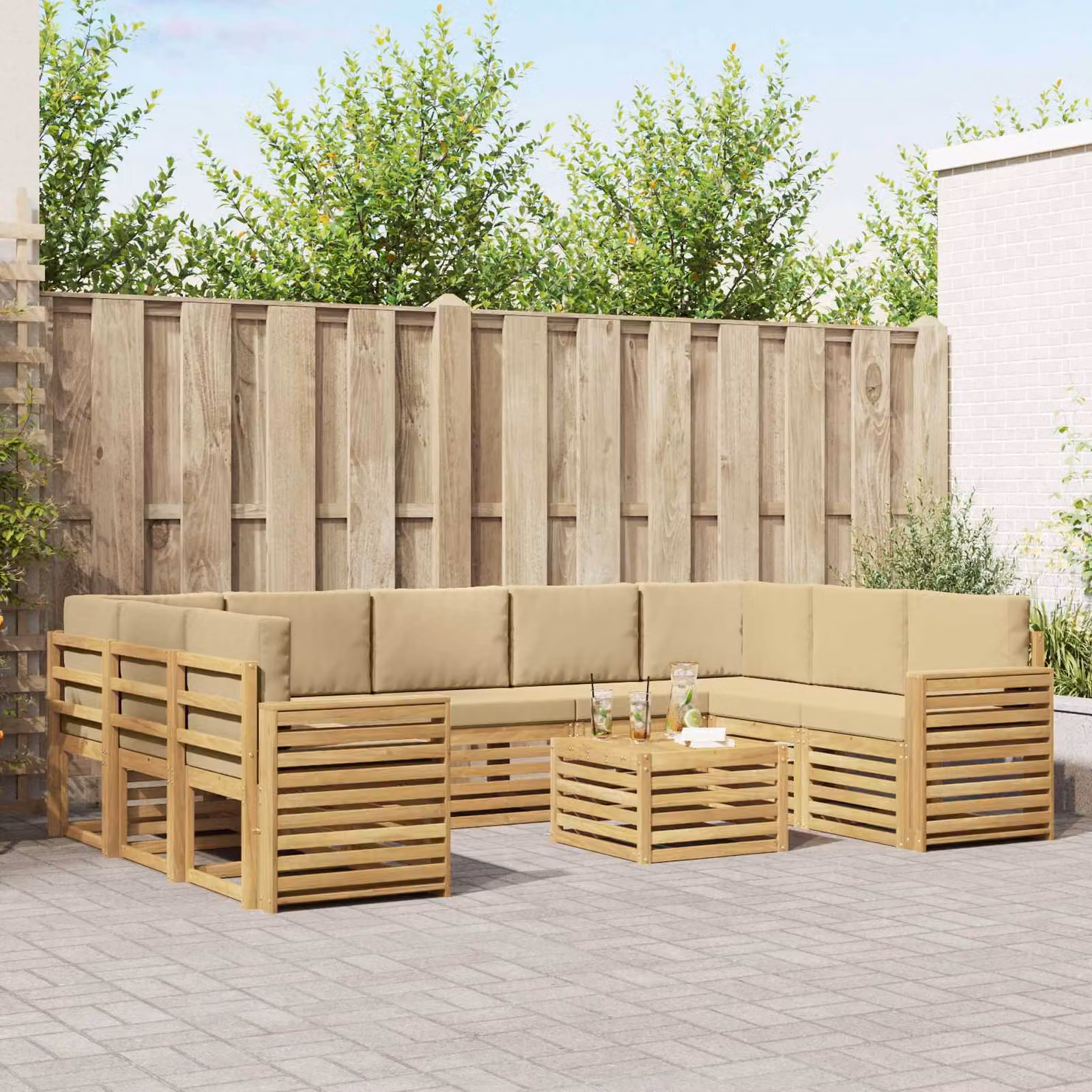 Set di divani da esterno vidaXL a forma di L composto da 10 pezzi con tavolino da caffè, in legno di acacia e tessuto resistente ai raggi UV, colori bianco, beige e marrone