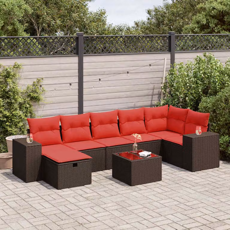Set da giardino vidaXL composto da 8 pezzi con cuscini in polyrattan marrone e rosso, design moderno a forma di L con struttura in metallo e tavolino da esterno