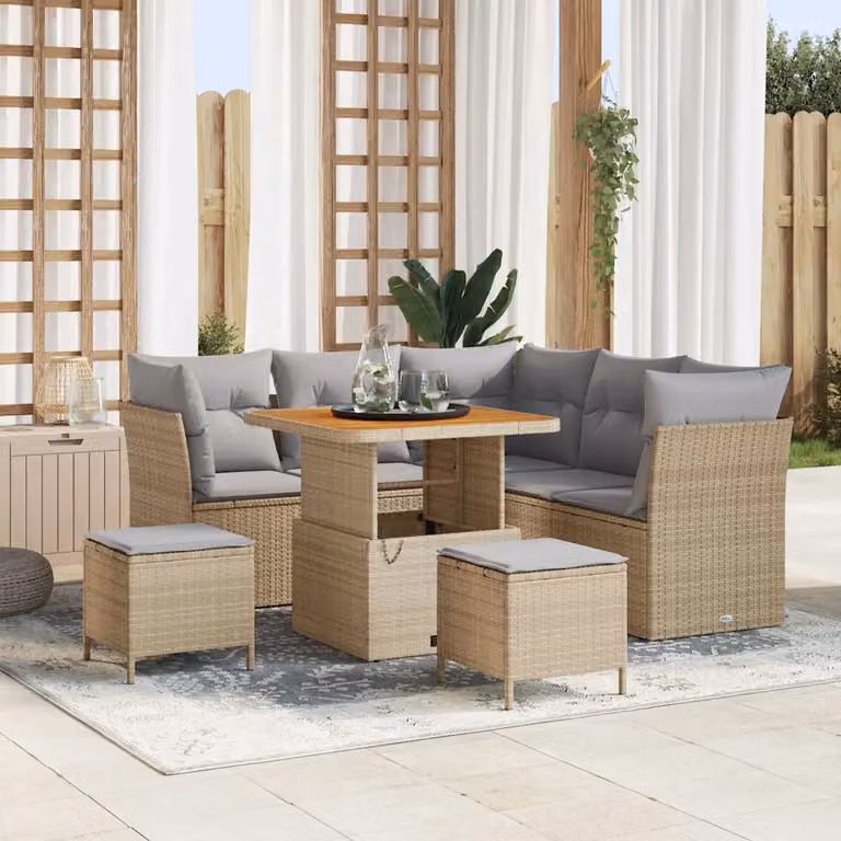 Set Divano da Giardino vidaXL 8 Pezzi con Cuscini Beige e Grigio per 5 Persone con Tavolino e Ottoman in Acciaio Verniciato a Polvere