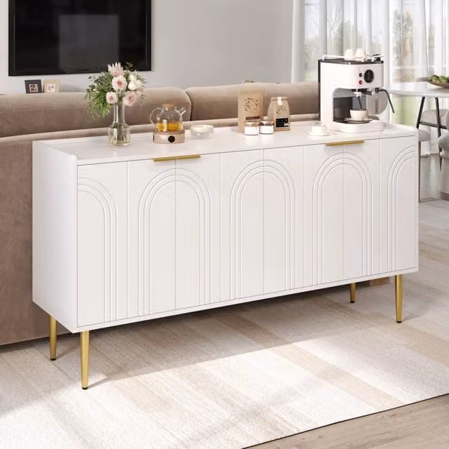 Credenza e madia con 4 ante e ripiani regolabili per soggiorno in MDF bianco con gambe in ferro dorato 140 × 38 × 75 cm