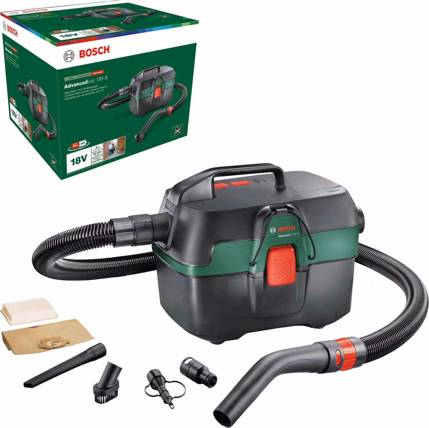 BOSCH aspirapolvere a batteria a umido e a secco AdvancedVac 18V-8, Car Edition, 06033E1001, Solo