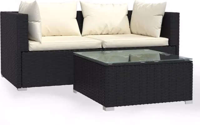 Set da giardino Outsunny a 3 pezzi in stile moderno con divano a 2 posti, elemento angolare, tavolino da caffè e cuscini beige con struttura in metallo nero e resina intrecciata