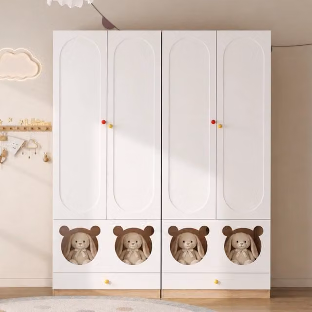 Armadio per bambini WISHDOR con 2 ante, cassetti interni e appendiabiti, Bianco e Marrone, L: 80 cm, P: 50 cm, H: 200 cm – 1