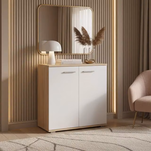 Commode FAUSKE Komodee in stile scandinavo, Rovere e Bianco, L: 69 cm, H: 74 cm, P: 34 cm – 1