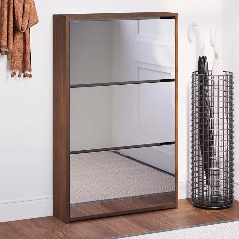 Scarpiera con specchio vidaXL in rovere marrone con 3 livelli, L: 63 cm, P: 17 cm, H: 102,5 cm