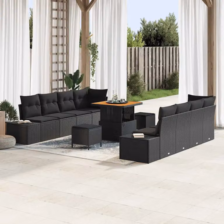 Set Divano da Giardino Moderno vidaXL a Forma a U con 11 Pezzi, Nero, in Poly Rattan con Cuscini e Tavolino da Caffè