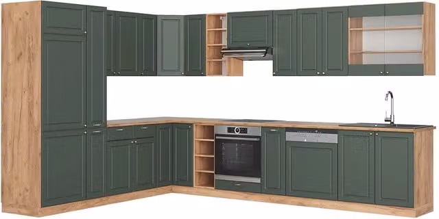 Cucina angolare completa Fame-Line Verde-oro rustico/Rovere dorato 347 x 257 cm senza piano di lavoro Vicco