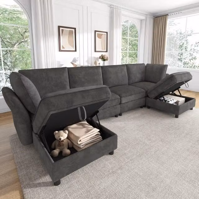 Divano angolare 6 posti con poggiapiedi contenitore ¨C Minimal ¨C Grigio tessuto chenille