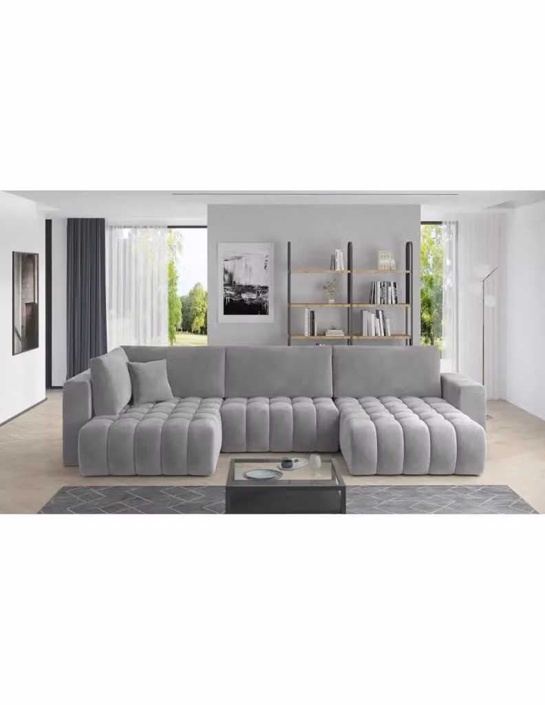 Divano ad angolo BONITA MEUBLORAMA convertibile 6 posti grigio chiaro effetto velluto con funzione letto e poggiatesta regolabile, lato destro, L 350 cm x P 175 cm – 2