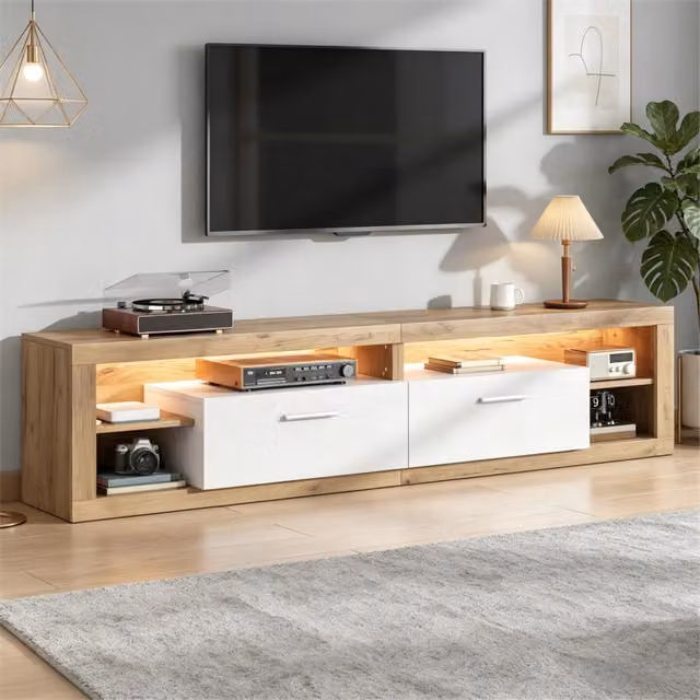 Mobile TV REDOM moderno in legno bianco con illuminazione LED integrata, 2 cassetti e 4 vani, L/P/H: 180 x 35,5 x 50 cm