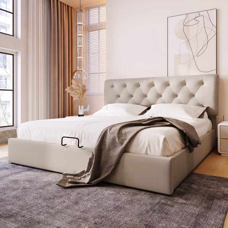 Letto boxspring MODFU idraulico 160x200 cm con rivestimento imbottito, contenitore, rete a doghe e vano portaoggetti, struttura in metallo e testiera regolabile, letto matrimoniale in lino, colore naturale (senza materasso)