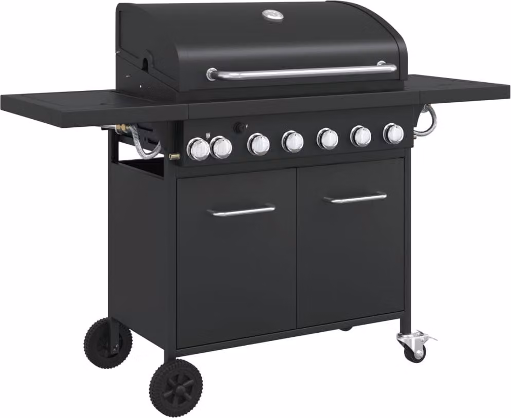 Barbecue a gas con 7 bruciatori, struttura in acciaio verniciato a polvere di colore nero