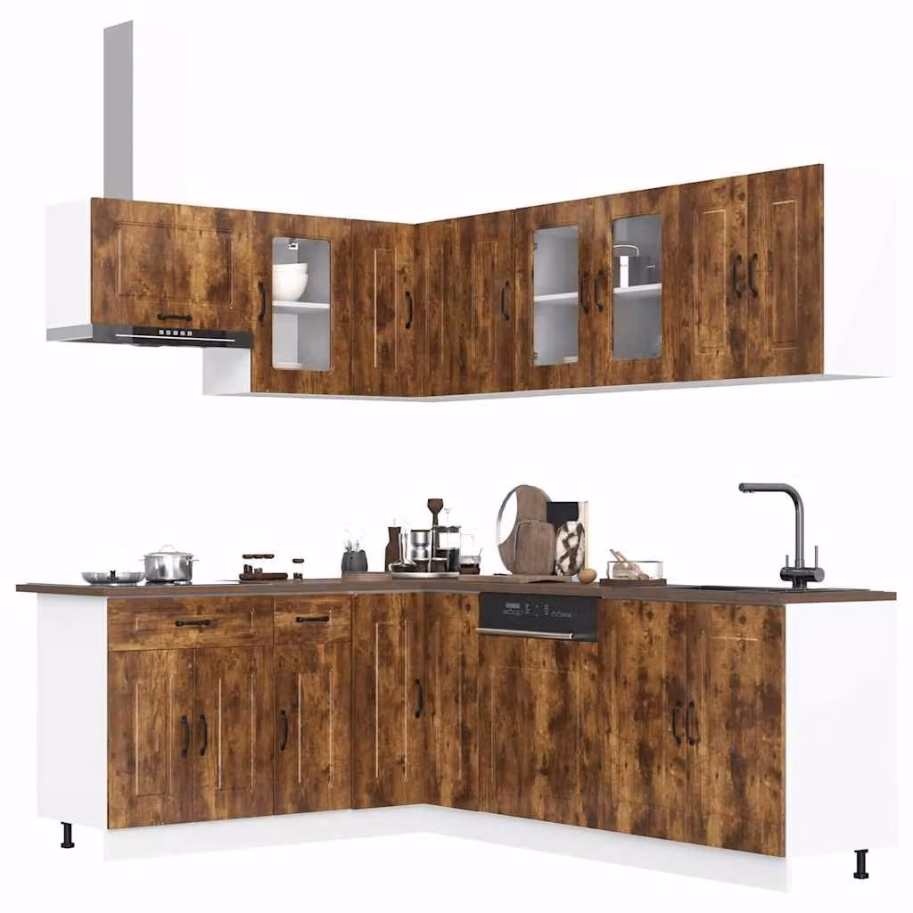 Set di mobili da cucina vidaXL Kalmar composto da 11 pezzi in legno multistrato e vetro, colore marrone rovere fumo, stile moderno con ante a vetro e ante con cerniere
