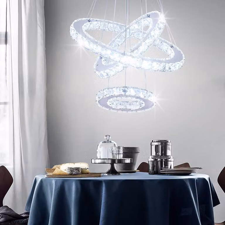 Lampadario a LED con cristalli, 48 W, 3 anelli, luce bianca fredda, acciaio inossidabile
